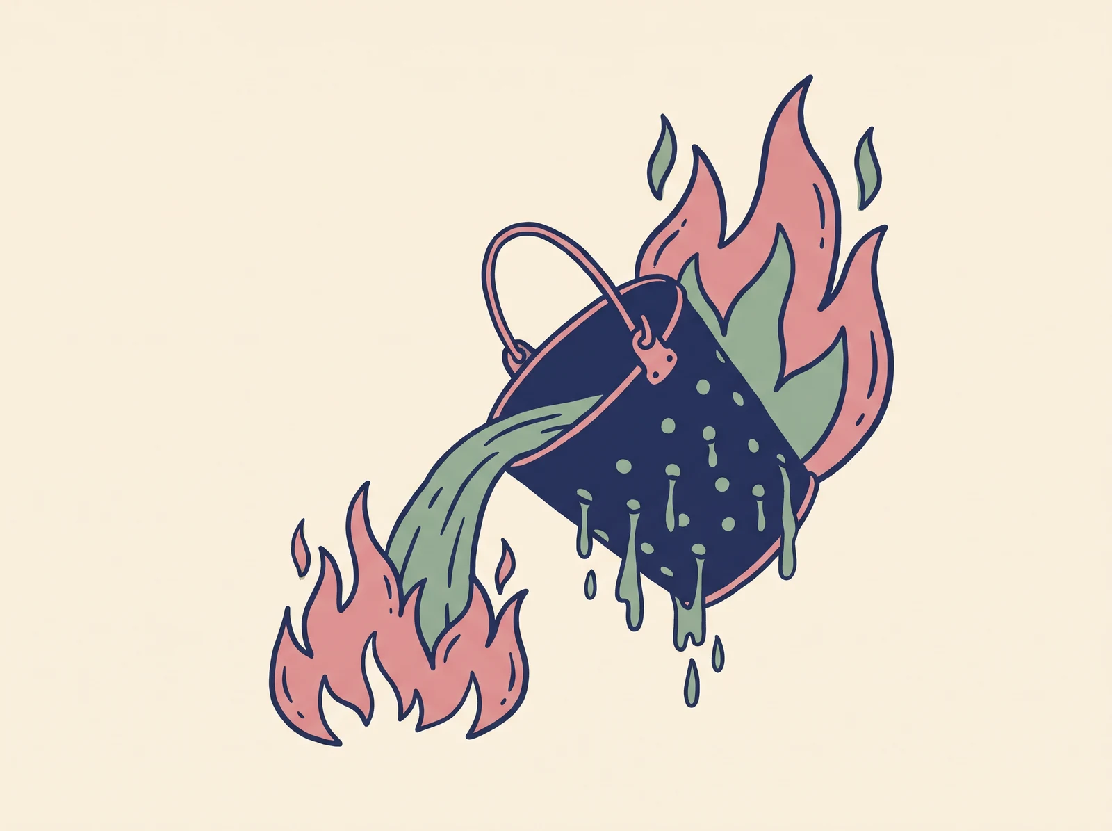 Ilustração de um balde furado despejando água sobre um fogo que volta a subir