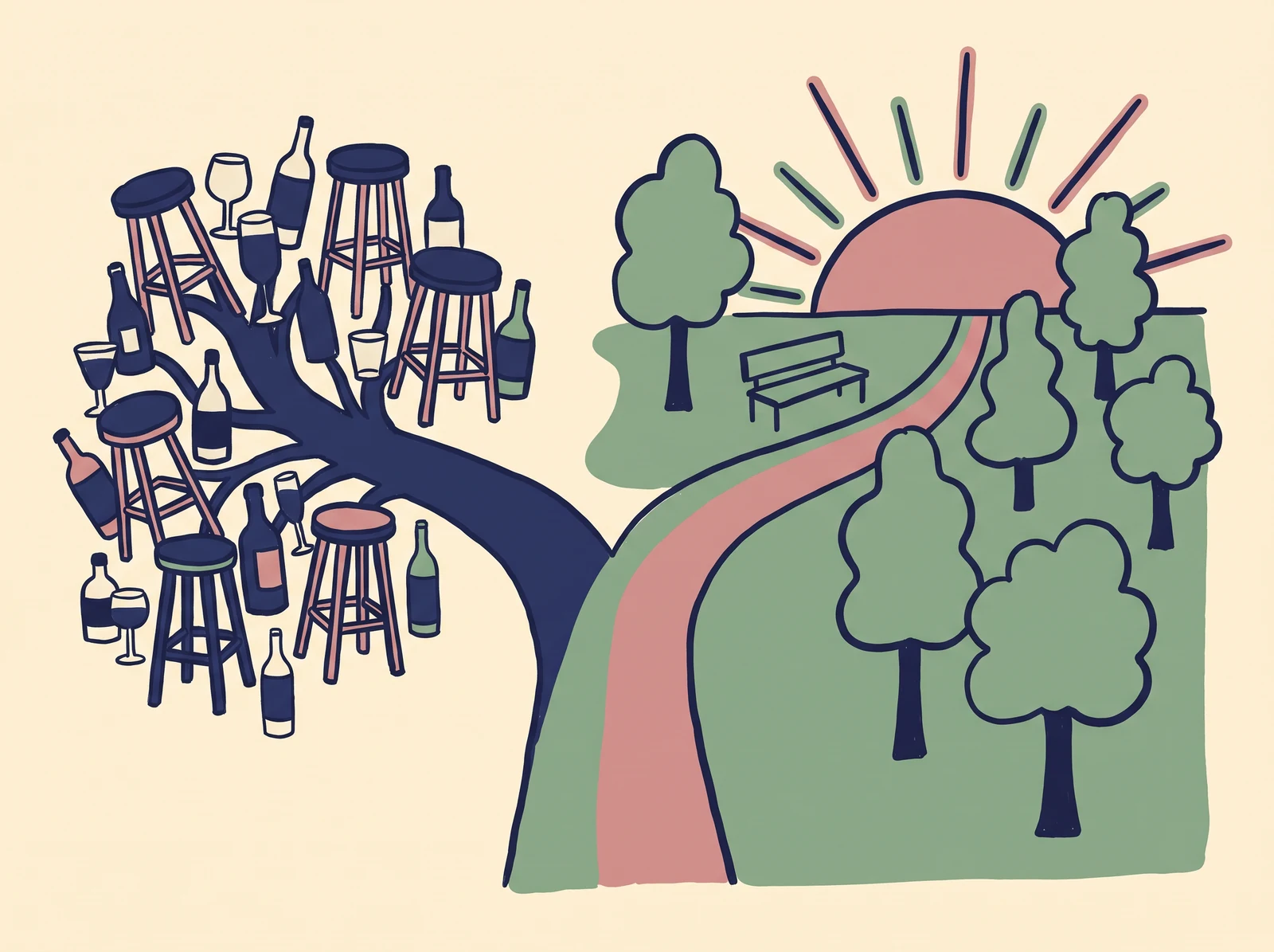 Bifurcação: de um lado banquetas e garrafas, do outro um parque ao amanhecer
