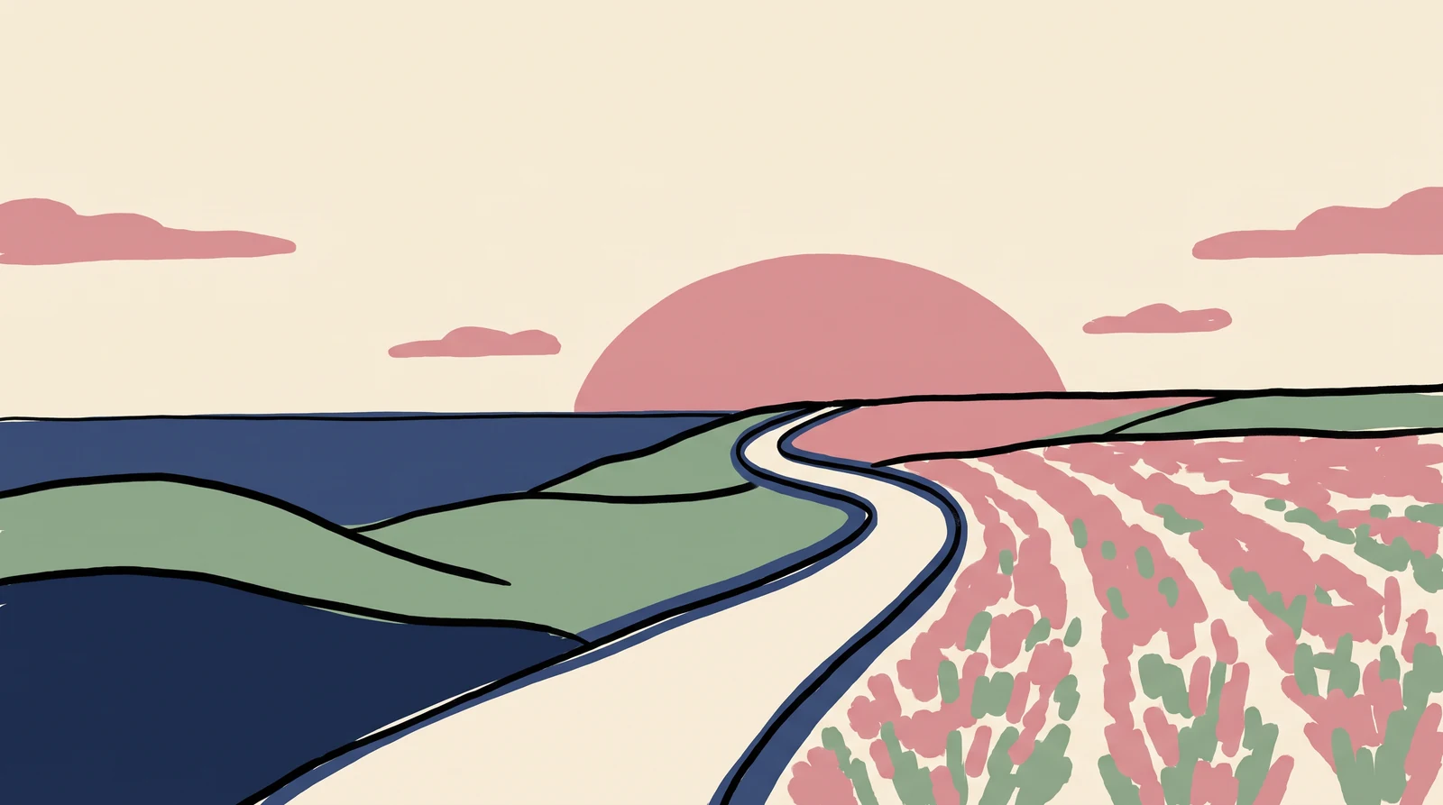 Ilustração de uma estrada vazia seguindo em direção ao sol nascente