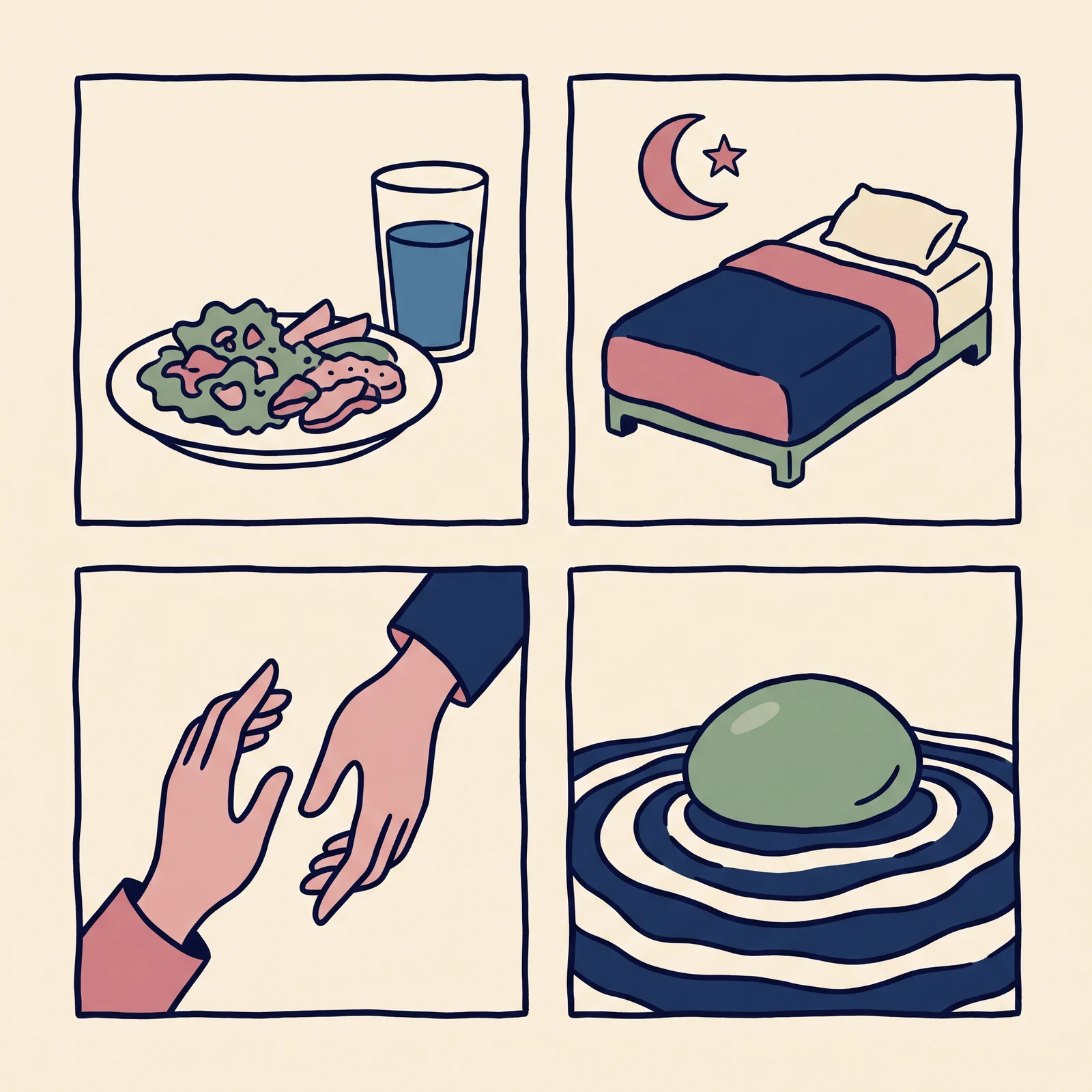 Quatro quadros: um prato com água, uma cama sob a lua, duas mãos que se aproximam e uma pedra sobre a água calma
