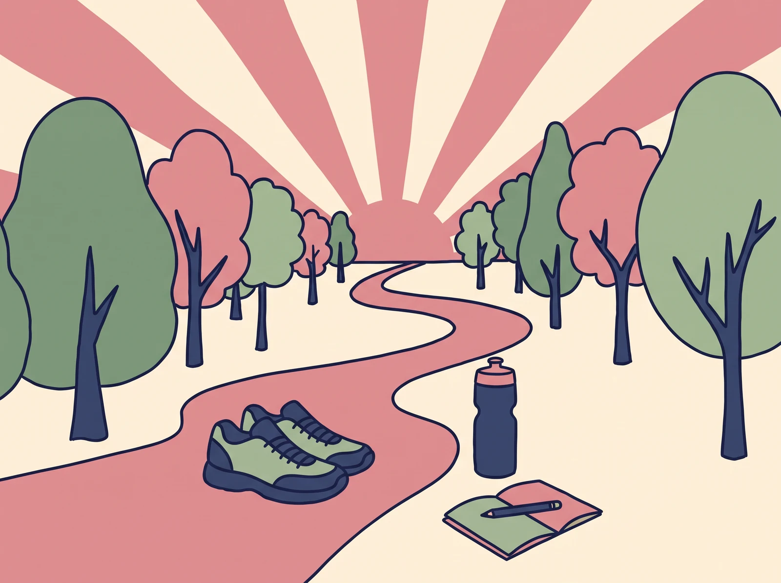 Caminho de parque ao amanhecer com tênis, garrafa de água e um caderno