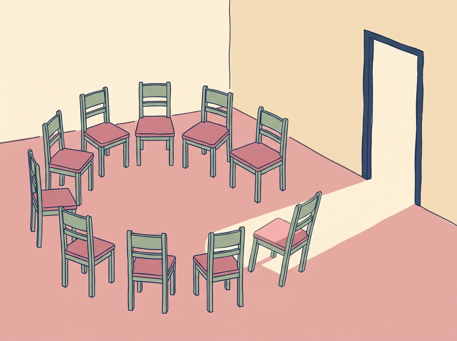Ilustração de uma roda de cadeiras vazias em uma sala com a porta aberta